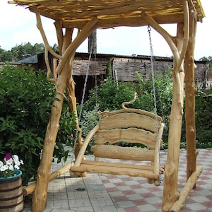 Rustic Pine Swing | Natural Log Bench with Canopy | Outdoor Garden Art