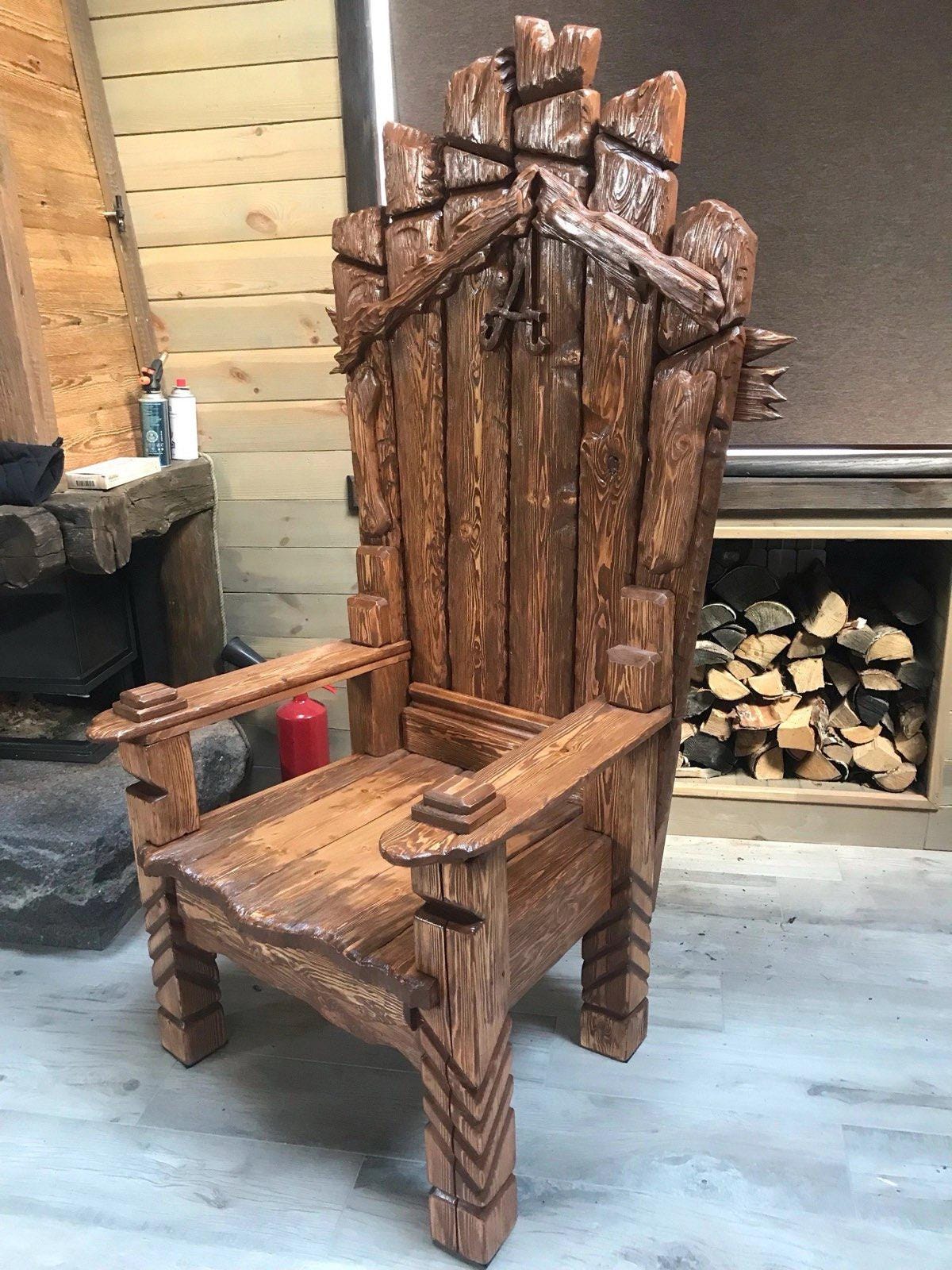 Rustic Wooden Throne Chair — Handcrafted Log-Style Armchair for Cabin or Lodge