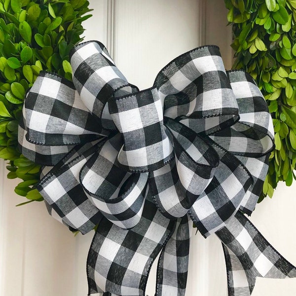 Lazo de cuadros escoceses de búfalo blanco y negro (23 cm), lazo de corona, lazo navideño