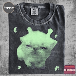 May include: A charcoal gray crew neck t-shirt with a faded, washed-out texture. The center features a large, light green halftone graphic of a cat face with two small ears, surrounded by four small, light green, four-pointed star shapes.
