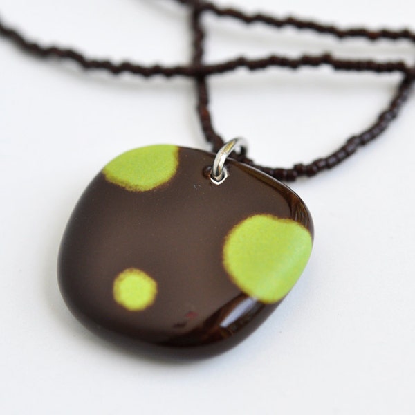 ceramic pendant and beaded necklace - dark chocolate brown with chartreuse green dots