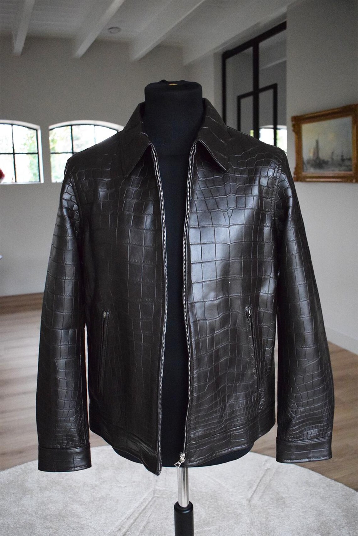 Men’s Brown Cowhide Leather Jacket with Crocodile Accents