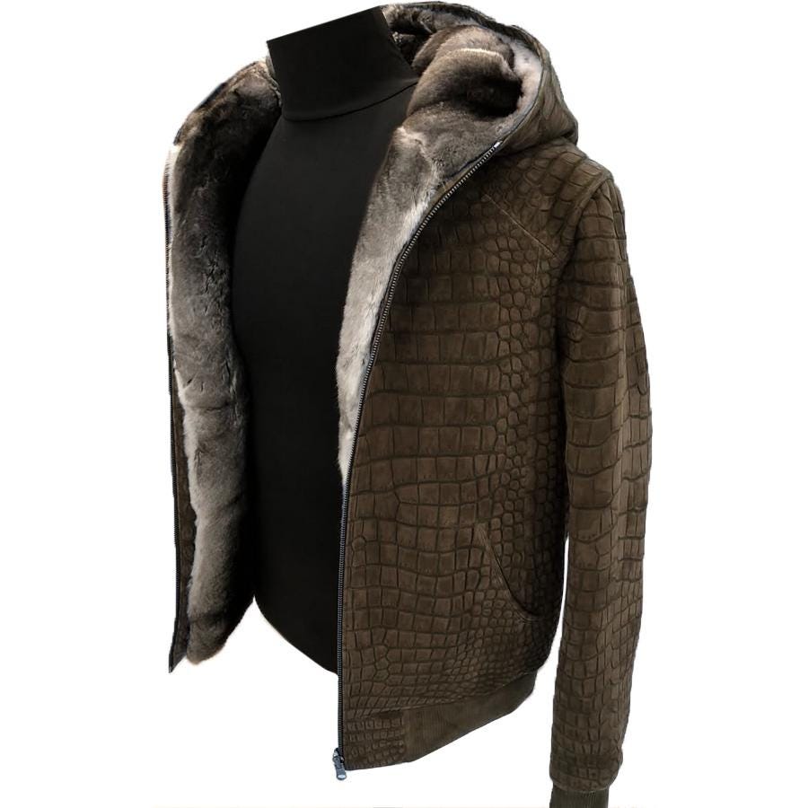 FAUX LEATHER CROCODILE DOWN JACKET / BLK