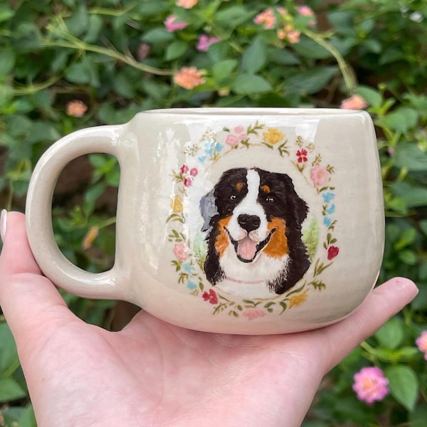 Custom Hand-Painted Pet Portrait Mug, Floral Wreath Cappuccino Cup