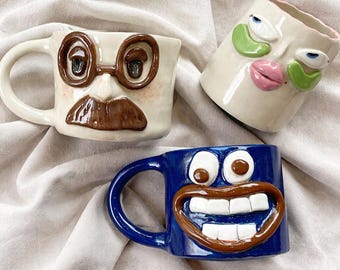 Handmade Face Mug – Sculptural Ceramic Mug, Funny Character Coffee Cup, Unique Art Gift