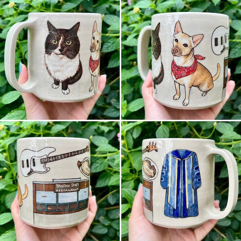 May include: Four ceramic mugs with unique hand-painted designs. One mug features a black and white cat and a dog with a red bandana. Another mug has a dog with a red bandana and a guitar. The third mug has a guitar and the text "Shallow Shaft Restaurant". The last mug has a blue robe.