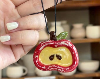 Hand-Painted Ceramic Apple Necklace – Hand-Sculpted Pottery Pendant