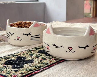 Ręcznie robiona ceramiczna miska dla kota – Sleepy Kitty Face Pet Food Bowl