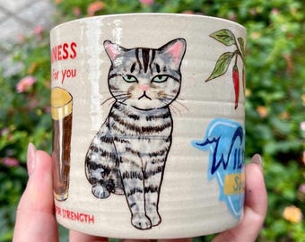 Taza de café con leche personalizada pintada a mano: taza de cerámica con ilustración personalizada, hecha a mano