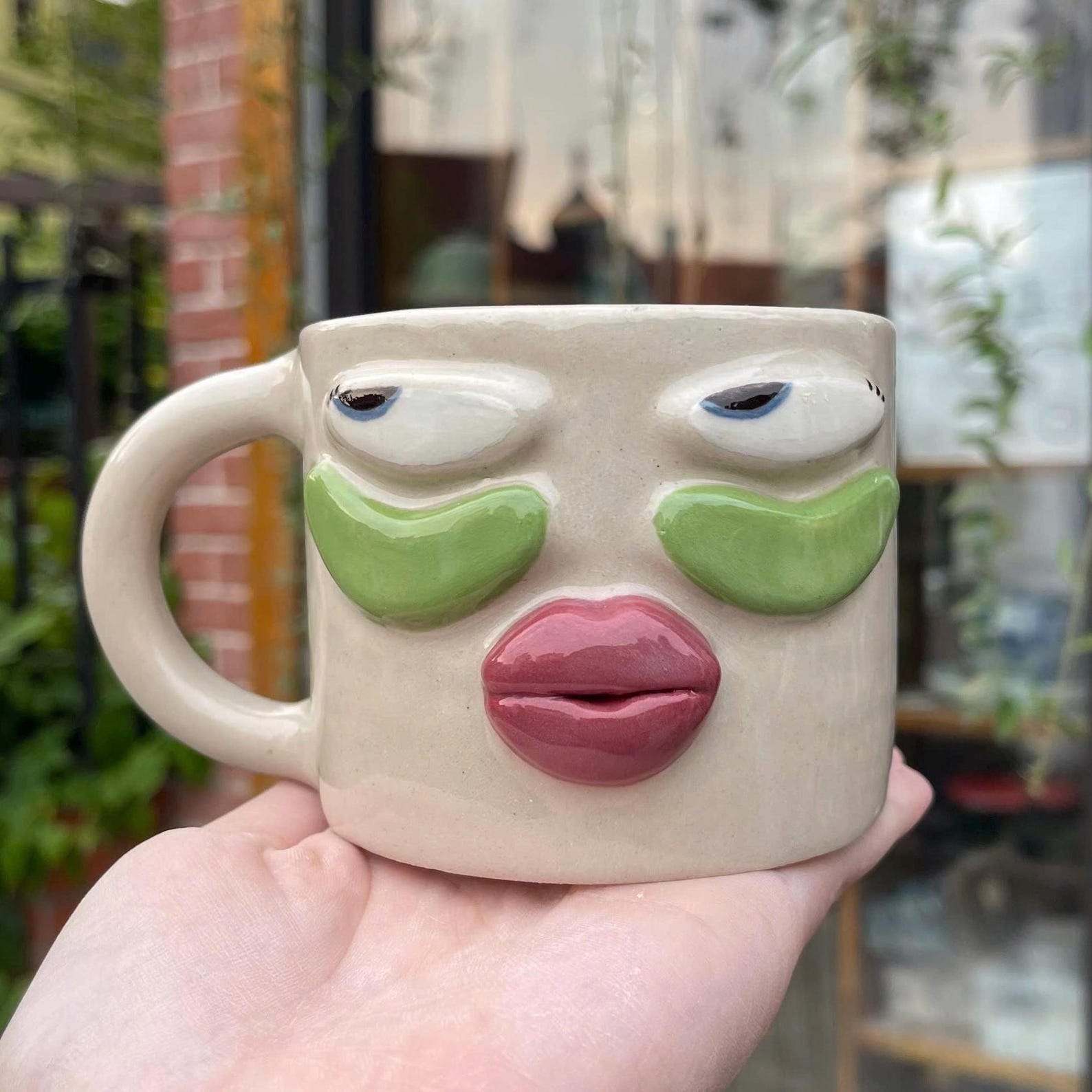 Handmade Face Mug – Sculptural Ceramic Mug, Funny Character Coffee Cup, Unique Art Gift - The Eye Patches