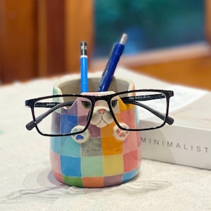Handmade Ceramic Cat Desk Organizer, Color Block Pen and Glasses Holder