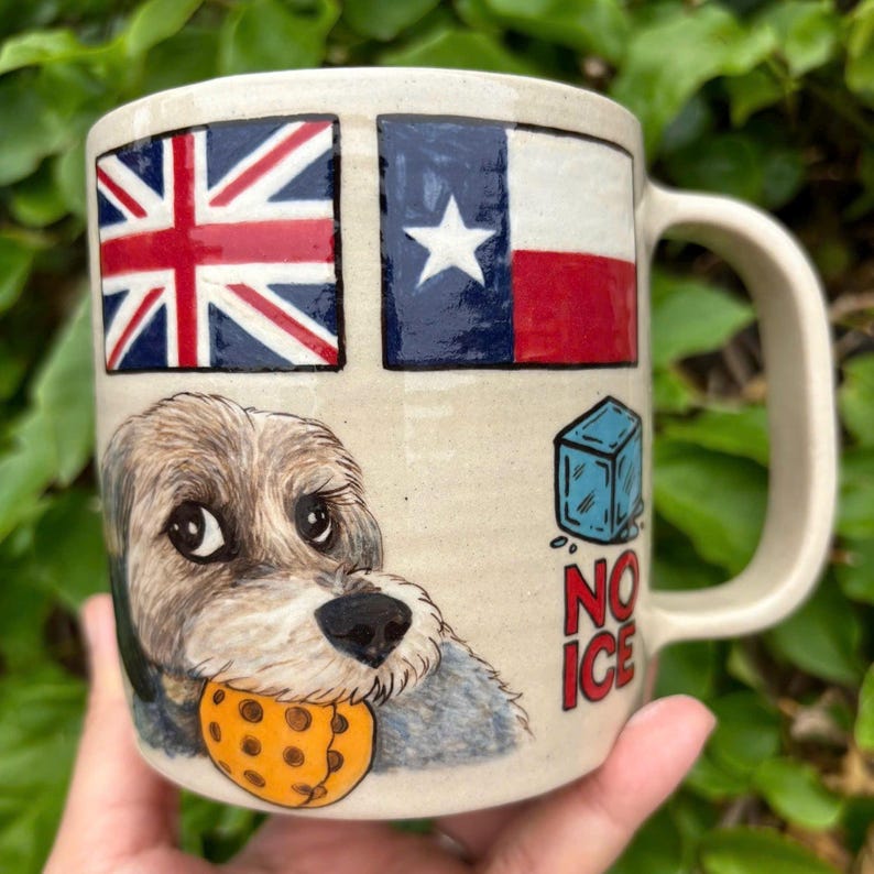 May include: Cream-colored ceramic mug featuring a dog with a cookie, the Union Jack, and the Texas flag. The mug also has a blue ice cube graphic and the words "NO ICE" in red.