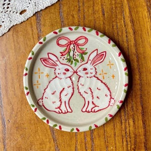 Hand-Painted Ceramic Trinket Dish – Jewelry Holder Twin Bunny Kiss