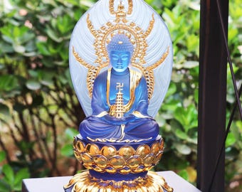 Colored Resin Gold-plated Craft Medicine Buddha Statue, Home Buddhist Temple Worship, Medicine Buddha 8.86inch