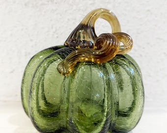 Handmade Glass Pumpkin, Green with Brown Stem, Desk Decoration, Gift for Thanksgiving