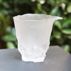 May include: A frosted glass cup with a unique, organic shape. The rim has a wavy design, and a small spout extends from the side. The base has a textured, almost rocky appearance. The cup is translucent, allowing light to pass through.