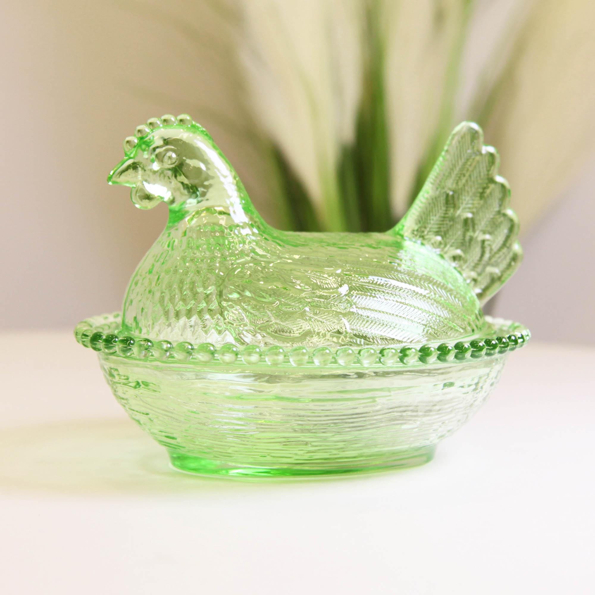 Glass Sugar Bowl, Green Hen Ornaments, Sugar Bowl Art Decoration, Gift for Mom, Home Decor, Glass Home Ornament