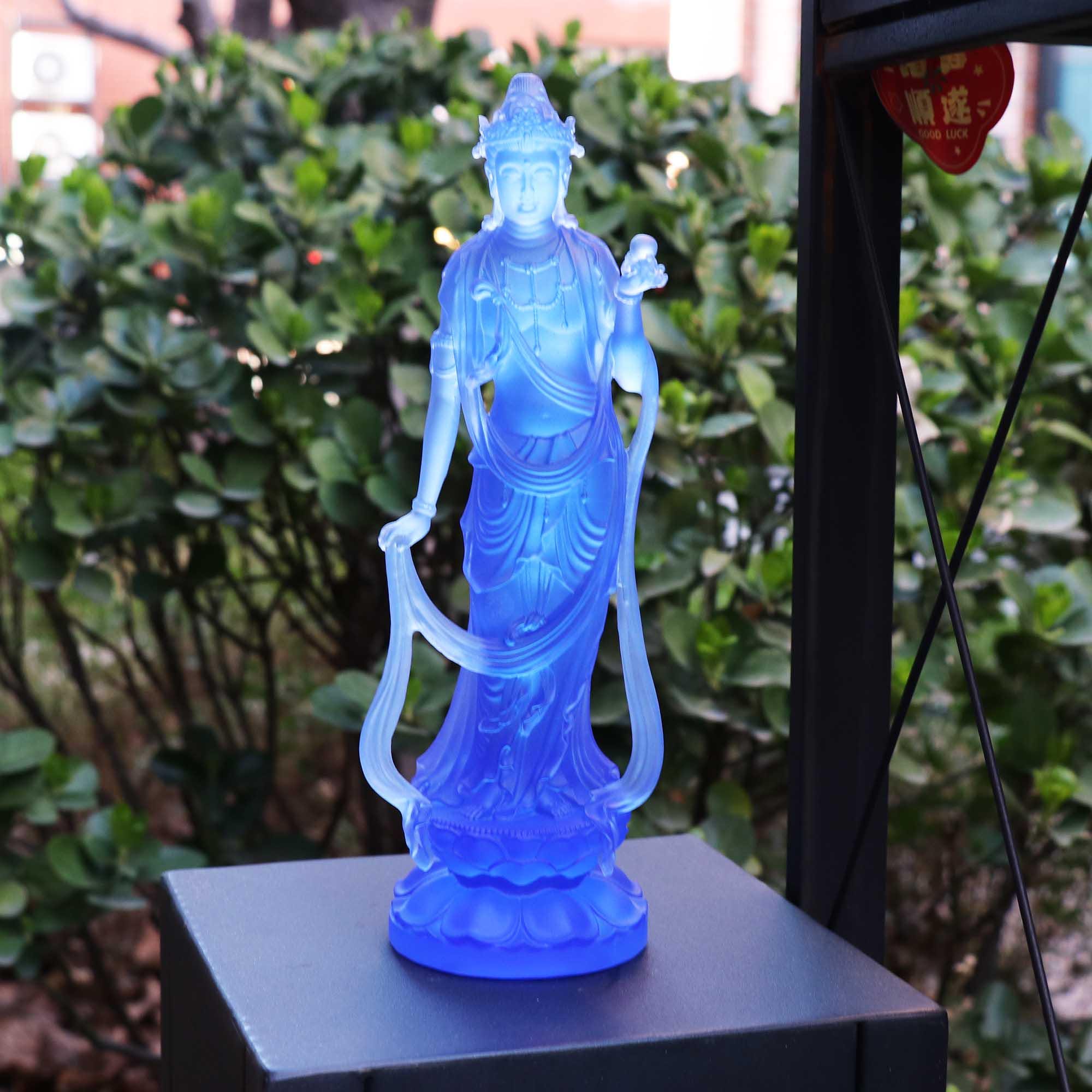 Glass Sun and Moon Bodhisattva Ornaments, Eastern Three Saints Buddha Statues, Home Buddhist Temple Worship, Desktop Decoration