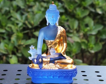 Estatua de Buda de la Medicina de vidrio hecha a mano: obra de arte de vidrio hecha a mano para santuarios, altares y decoración zen. Regalo para mamá. Idea de regalo.