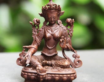 Handmade Copper Green Tara Buddha Statue: Buddhist Ornament