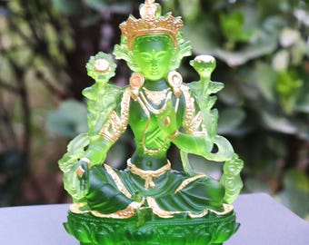 Glass Green Tara Buddha Statue, Bodhisattva Handmade Zen Ancestral Temple Home Desktop Ornaments