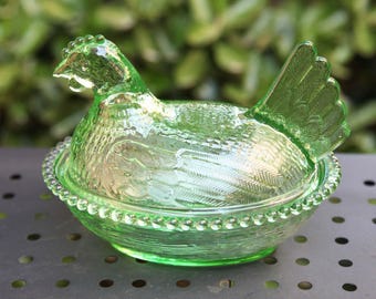 Hen on nest, Indiana glass, Chicken Bowl, Vintage Glass, Chicken