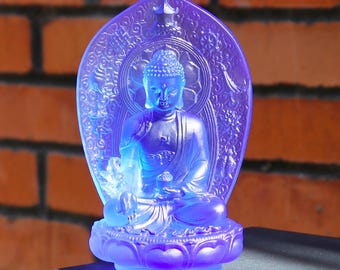 Blue Glass Medicine Buddha Statue with Illuminated Throne Backplate, Home Altar Decor, Living Room & Spiritual Spaces, Gift for Mom
