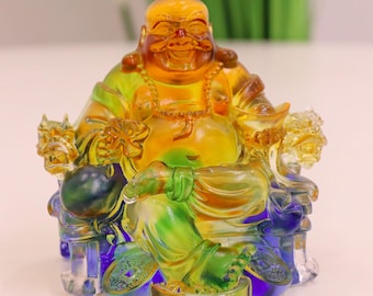 Glass Happy Buddha, Laughing Buddha Statue, Handcrafted Glass Art, Colorful Glass Ornaments
