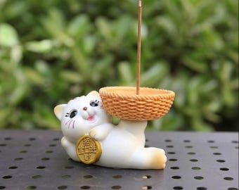 Maneki Neko Incense Burner, Ceramic Lucky Cat Ash Catcher Tray, Cute Feng Shui Desk Ornament for Home Decor