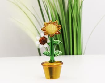 Mini Glass Sunflower Ornaments, Handmade Glass Sunflower Office Desktop Decoration, Gift for Her