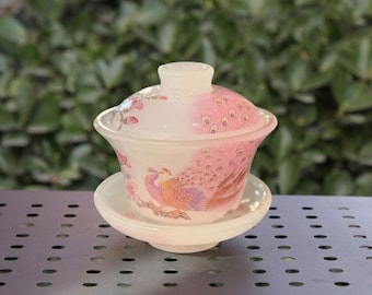Ice-Glazed Glass Gaiwan Tea Cup with Gold Peacock Design – Heat-Resistant Luxury Gift for Mom
