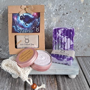 TAURUS - Zodiac Self-Care Set: sapone fatto a mano (100 g), crema per il corpo (60 ml) e sacchetto di sapone