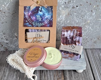 VIRGO - Set de autocuidado del zodiaco: Jabón artesanal (100 g), crema corporal (60 ml) y bolsita de jabón