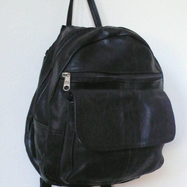Vintage 1980's Black Soft Zippered Pocket Leather Mini Backpack