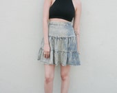 Vintage Acid Wash 1980's Tiered Denim Ruffle High Waisted Mini Skirt S
