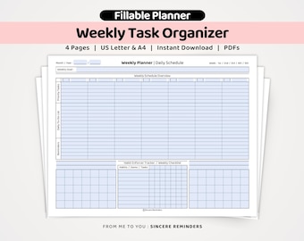 Weekly Planner and Task Organizer Template : Priorities To-Do List, Calendar Overview, Undated Habit Tracker (FILLABLE A4/US Letter PDF)
