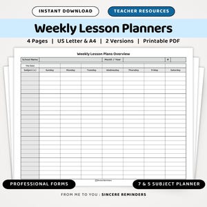 Weekly Lesson Planners: 5 & 7 Subject Instruction Overview, Theme Based Teaching Template, Daily Home School Curriculum (A4/US Letter PDF)