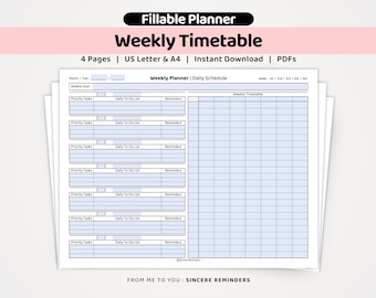 Weekly Planner and Timetable Template : Daily Task Organizer & Priorities List, Undated Weekly Schedule Chart (FILLABLE A4/US Letter PDF)