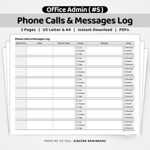 Może przedstawiać: Szablon dziennika połączeń i wiadomości na białym papierze z czarnym tekstem i liniami. Nagłówek brzmi Office Admin (#5) Phone Calls & Messages Log. Kolumny obejmują Date & Time, Name, Phone #/Email, Priority z polami wyboru dla Low, Medium, High, Message oraz Action z polami dla Received, Replied, Resolved.