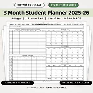 Student Semester Planner 2025-2026 : 3 Month Sunday Start Calendar, University College Schedule, Assignment Tracker Sheet (A4/US Letter PDF)