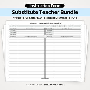 Informe de gestión del aula para profesores sustitutos: Aviso de baja por enfermedad y planes de clase para el profesor suplente, seguimiento de tareas asignadas (PDF tamaño A4/Carta estadounidense)
