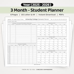 May include: A 3-month student planner for the 2025-2026 academic year. The document features a university semester planner layout with sections for coursework, evaluation reminders, a weekly timetable, and monthly calendars for September, October, and November 2025.