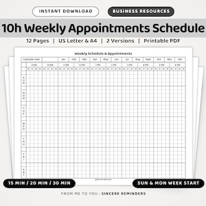 10 Hour Work Day Weekly Schedule Tracker : Printable Hourly Planner, Sunday and Monday Start, 15/20/30 Minute Increments (A4/US Letter PDF)
