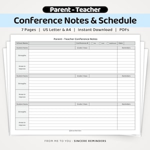 Parent Teacher Conference Notes: Meeting Schedule Sign-up Sheet, Student Feedback Progress Report for Parents & Schools (A4/US Letter PDF)