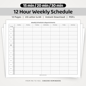 May include: A 12-hour weekly schedule planner template with black text on white paper. The grid features columns for Sunday through Saturday and rows for hourly appointments with 15, 20, and 30-minute increments. Includes 12 pages in A4 paper size.