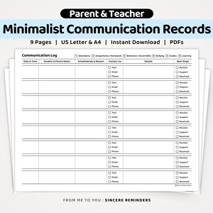 Può includere: Una pila di fogli di registro di comunicazione stampabili con una tabella che include colonne per data, ora, nome dello studente e del genitore, motivo, metodo di contatto, dettagli e passaggi successivi, con intestazioni per presenze e voti.