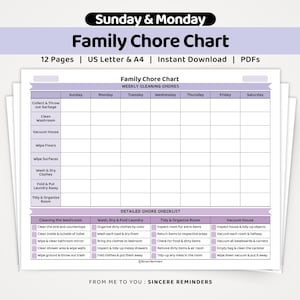 Peut inclure: Un tableau de tâches ménagères familial imprimable avec un planning hebdomadaire et une liste de contrôle détaillée. Le document présente des en-têtes violets, une grille du dimanche au samedi et des listes de tâches pour le linge et le ménage.