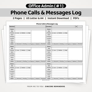 Phone Call Message Log: Receptionist Admin Communication Tracker, Business Customer Service Response Management Template (A4/US Letter PDF)