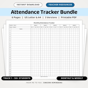Monthly & Weekly Attendance Tracker, Teacher Attendance Tracker for Schools and Classrooms, Daycare Sign-in/out Sheets (A4/US Letter PDF)