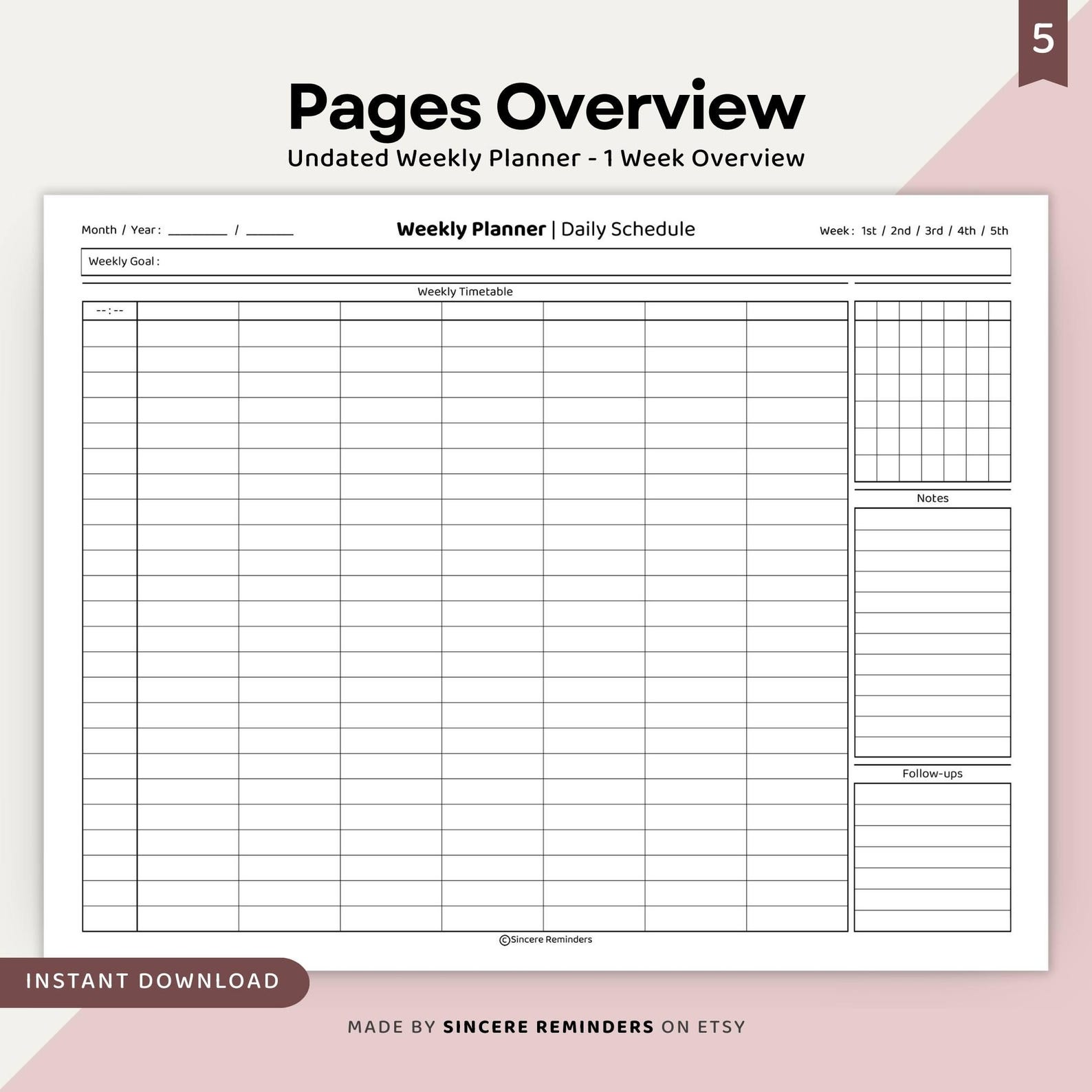 Undated Weekly Planner Digital Download | Daily Task Organizer and ...